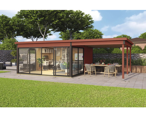 Abri de jardin avec bureau et terrasse couverte dans le jardin