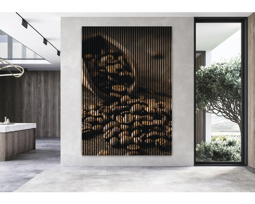 Panneau acoustique avec motif de grains de café dans une pièce moderne