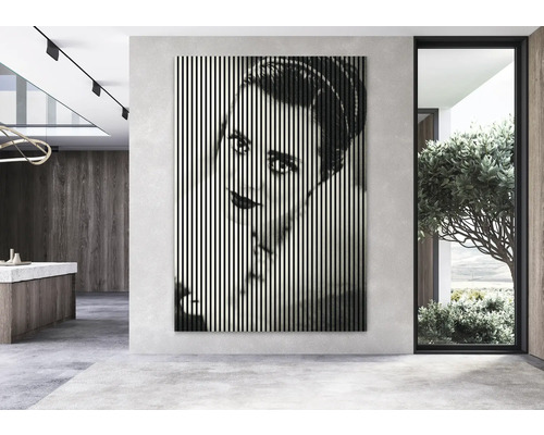 Pièce à vivre avec une décoration murale représentant le visage d''une femme en lignes verticales.