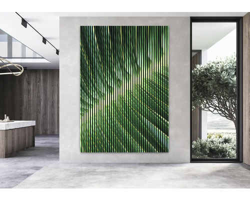 Panneau mural décoratif avec motif de plantes dans une pièce aménagée de façon moderne.