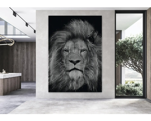 Image murale décorative avec un motif de lion dans une pièce au design moderne.