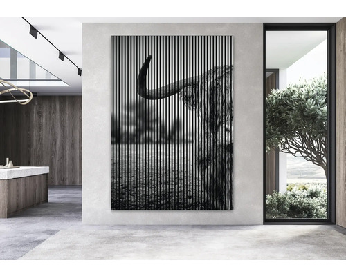 Intérieur avec une image murale d''un Highland Cattle en noir et blanc