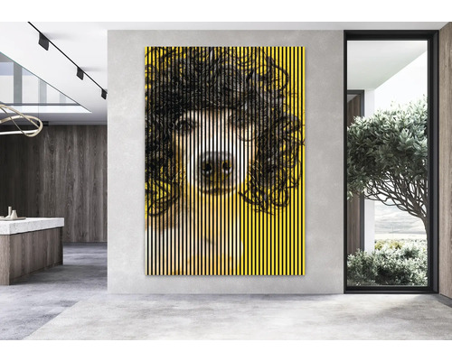Image murale décorative avec un motif de chien et des rayures verticales
