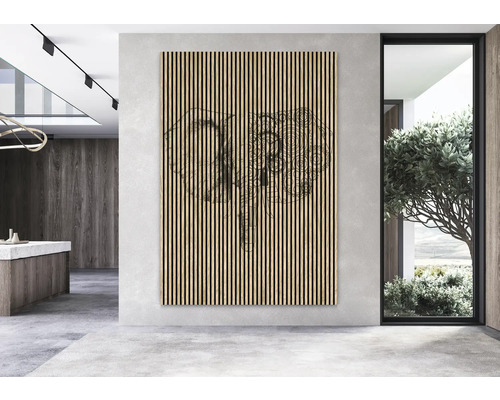 Holzwandpaneel mit Elefanten Design in einem modern eingerichteten Raum