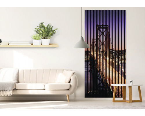 Salon avec canapé, étagère et paravent avec un motif de pont.