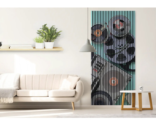 Salon avec canapé, étagère et un élément décoratif avec un motif de disque vinyle