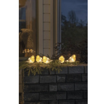 Figures décoratives de rouges-gorges illuminées sur un mur avec des branches de sapin