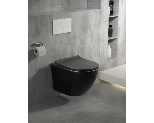 WC suspendu noir avec porte-papier toilette et plaque de commande dans une salle de bains au design moderne.