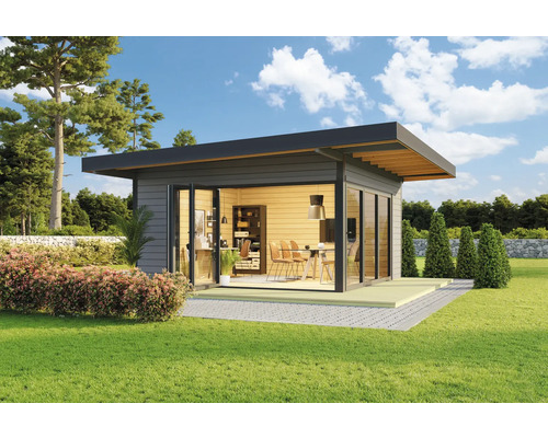 Gartenhaus Outdoor Life Domeo 9 inkl. Fussboden 590 x 590 cm carbongrau Modernes Gartenhaus mit Holzverkleidung, Glasfront und Büromöbeln im Inneren.