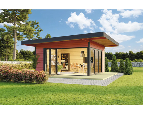 Gartenhaus Outdoor Life Domeo 9 inkl. Fussboden 590 x 590 cm schwedenrot Modernes Gartenhaus mit Glasfront und Terrasse im Garten