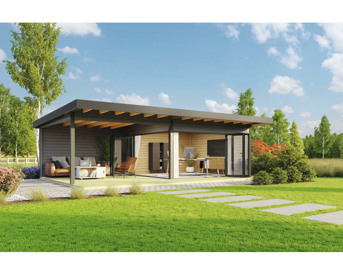 Gartenhaus Outdoor Life Domeo 10 inkl. Fussboden, Terrasse 890 x 590 cm carbongrau