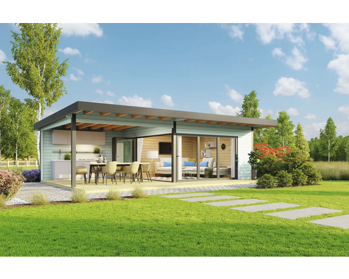 Abri de jardin Outdoor Life Domeo 10 avec plancher, terrasse 450 x 450 cm vert glacier
