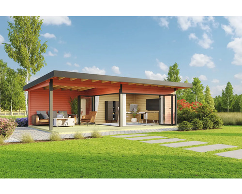 Maison de jardin moderne avec terrasse, mobilier de jardin et équipement de bureau dans un écrin de verdure.