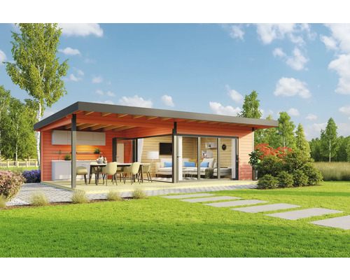 Abri de jardin Outdoor Life Domeo 10 avec plancher, terrasse 450 x 450 cm rouge de Falun