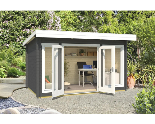 Gartenhaus Outdoor Life Dorset 1 inkl. Fussboden 430 x 320 cm carbongrau Modernes Gartenhaus mit geöffneten Doppeltüren und Büroausstattung im Inneren.