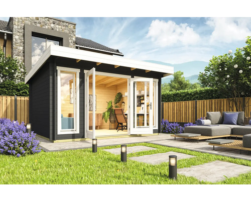 Gartenhaus Outdoor Life Dorset 2 inkl. Fussboden 430 x 370 cm carbongrau Gartenhaus mit Flügeltüren, Terrasse und Gartenmöbeln