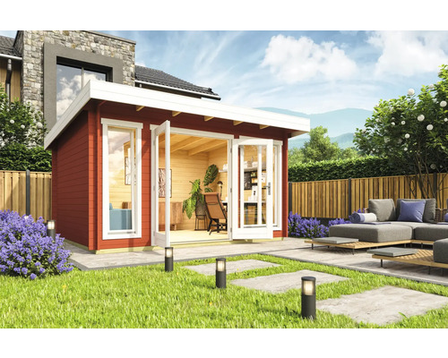 Gartenhaus Outdoor Life Dorset 2 inkl. Fussboden 430 x 370 cm schwedenrot Gartenszene mit Holzgartenhaus, Terrasse und Sitzgruppe