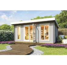 Modernes Gartenhaus mit grossen Fenstern und Holzboden im Garten