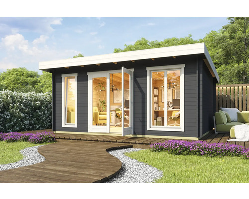 Gartenhaus Outdoor Life Dorset 3 inkl. Fussboden 540 x 460 cm carbongrau Gartenhaus mit Doppeltür und Fenstern, Holzboden und Garten