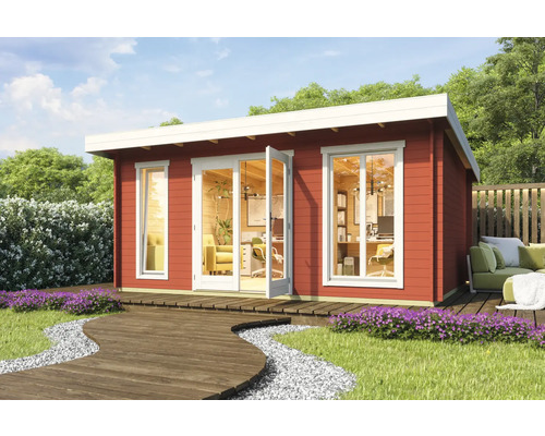 Gartenhaus Outdoor Life Dorset 3 inkl. Fussboden 540 x 460 cm schwedenrot Modernes Gartenhaus mit Büroausstattung im Garten