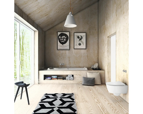 Salle de bains avec baignoire, toilettes, tapis et revêtement en bois pour une ambiance lumineuse et spacieuse