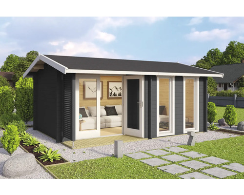 Gartenhaus Outdoor Life Hampshire inkl. Fussboden 480 x 376,1 cm carbongrau Holzgartenhaus mit Terrasse und Schiebetüren im Garten