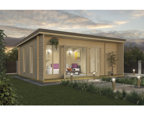 Gartenhaus Outdoor Life Japan inkl. Fussboden, Terrasse 648 x 470 cm natur Modernes Gartenhaus aus Holz mit Fenstern und Doppeltür in gepflegtem Garten