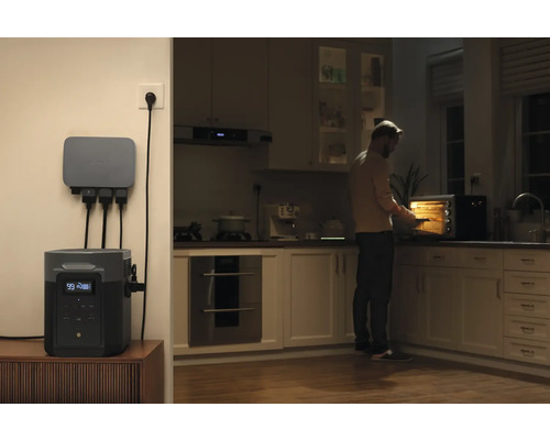 Stromgenerator in einem Küchenbereich mit einer Person vor einem Ofen.