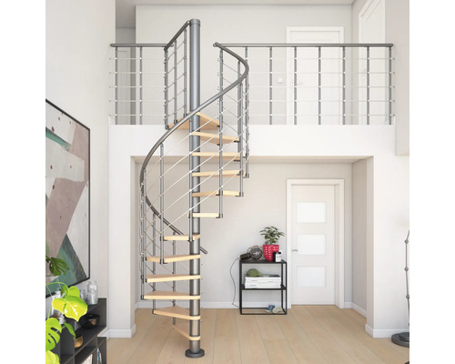 Escalier en colimaçon Pertura Koralia hêtre bois lamellé-collé Ø 160 cm gris 11 marches 12 pas de marche Escalier en colimaçon en métal et bois dans un espace de vie.