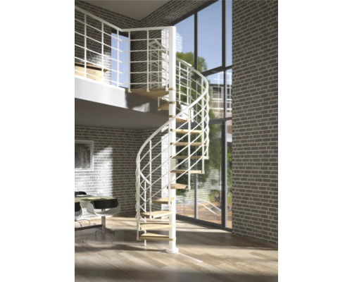 Escalier en colimaçon Pertura Koralia chêne bois lamellé-collé Ø 160 cm blanc 14 marches 15 pas de marche Escalier en colimaçon avec marches en bois dans une pièce lumineuse