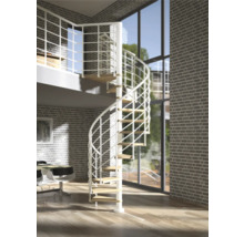 Escalier en colimaçon métallique avec marches en bois dans une pièce moderne