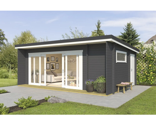 Abri de jardin Outdoor Life Java avec plancher 648 x 470 cm gris carbone Maison de jardin moderne avec porte coulissante, fenêtre et petit banc dans le jardin