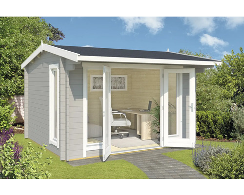 Abri de jardin Outdoor Life Jubilee avec plancher 370 x 320 cm gris clair Abri de jardin avec portes ouvertes et mobilier de bureau dans le jardin