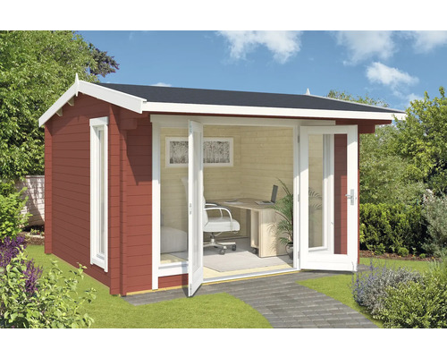 Gartenhaus Outdoor Life Jubilee inkl. Fussboden 370 x 320 cm schwedenrot Gartenhaus mit geöffneten Doppeltüren, Fenster, Schreibtisch und Bürostuhl im Garten