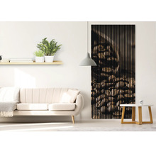 Wohnzimmer mit Sofa, Regal und Akustikpaneel mit Kaffeebohnen Motiv