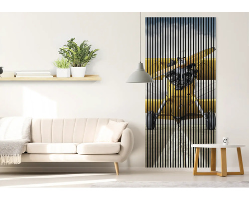 Salon avec canapé, table d''appoint, étagère et tableau à lamelles avec motif d''avion