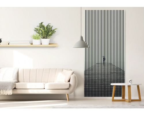 Salon avec canapé, table d''appoint, étagère murale avec plantes et poster de porte avec motif rayé et personne