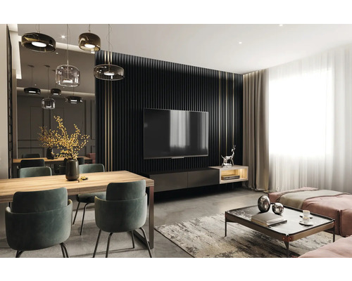 Salon moderne avec table à manger, télévision et canapé.