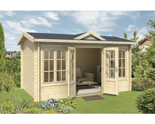 Gartenhaus aus Holz mit Doppeltür und Fenstern im Garten