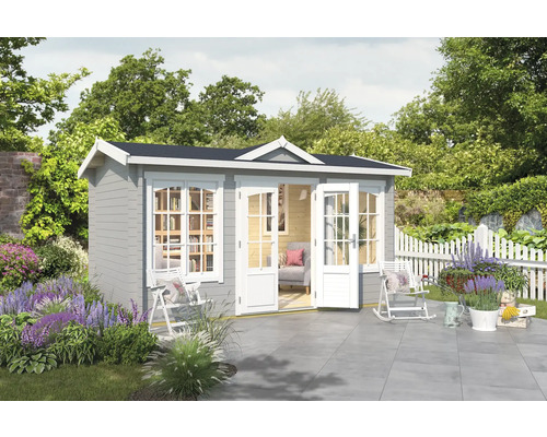 Gartenhaus Outdoor Life Kensington inkl. Fussboden 440 x 292,1 cm lichtgrau Gartenhaus aus Holz mit Doppeltür und Fenstern im Garten