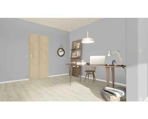 Bureau moderne avec bureau, chaise, étagères et porte