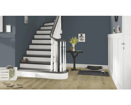 Helle Diele mit Treppe, Tisch und Hundebedarf