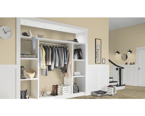 Couloir lumineux avec vestiaire, escalier et décorations pour une maison chaleureuse.