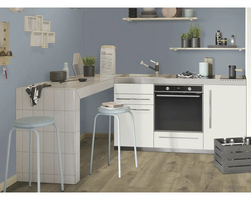 Scène de cuisine avec kitchenette, tabourets de bar et décoration