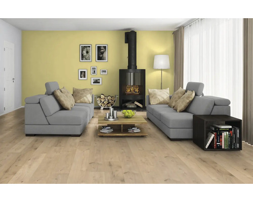 Heller Wohnraum mit grauen Sofas, Kamin und Holzboden