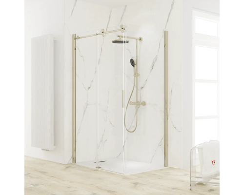 Porte de douche avec paroi latérale SCHULTE MasterClass 120 x 90 cm couleur du profilé or décor de vitre verre transparent butée de porte à gauche butée de paroi latérale à droite poignée barre