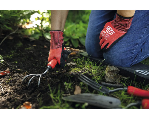Scène de jardin avec une personne portant des gants de jardinage et utilisant une griffe de jardin dans le sol.