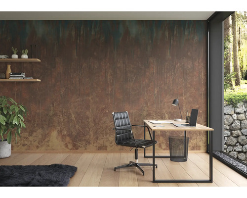 Bureau avec bureau, chaise de bureau, étagères et papier peint