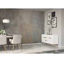 Salle à manger avec table à manger, chaises, buffet et panneaux muraux au design moderne
