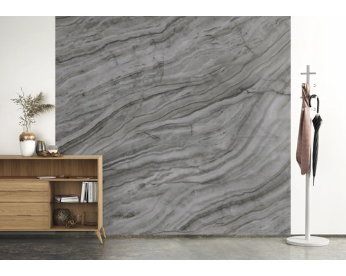 Scène avec une commode, un porte-manteau et un panneau mural à structure de marbre